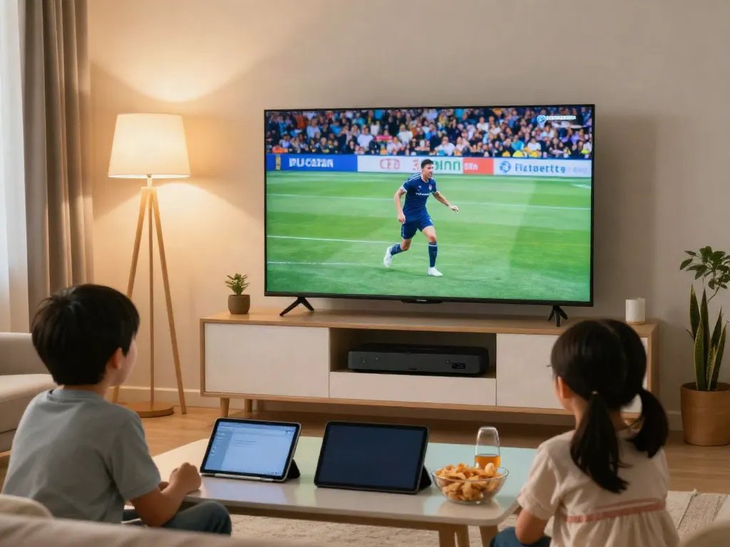 Regardant Atlas Pro IPTV avec la famille dans un salon moderne.