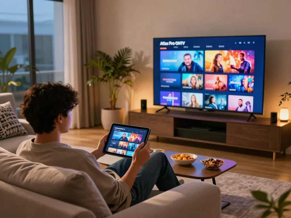Personne utilisant Atlas pro ontv sur une tablette dans un salon moderne.