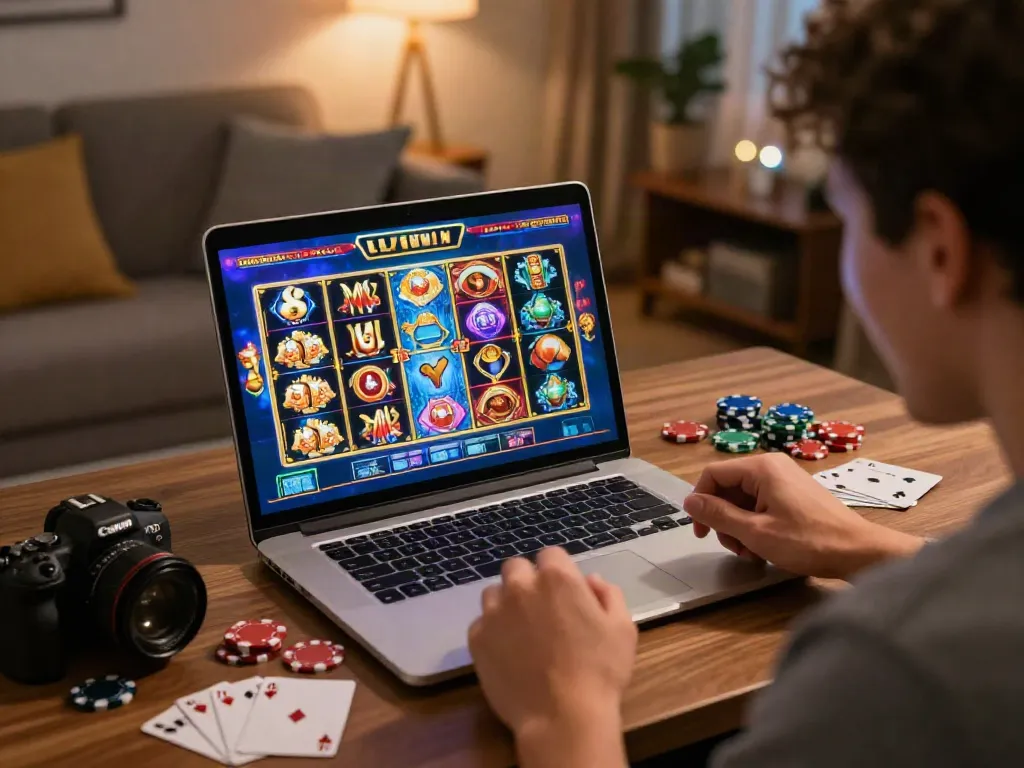 Joueur célébrant une victoire sur https://studiobarw.com/ avec des machines à sous colorées et des accessoires de jeu.