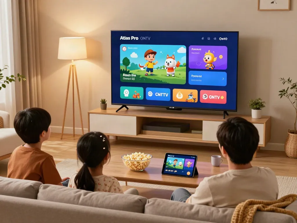 Avec atlas pro, une famille regarde des émissions sur un grand téléviseur intelligent dans un salon moderne, créant une atmosphère conviviale.