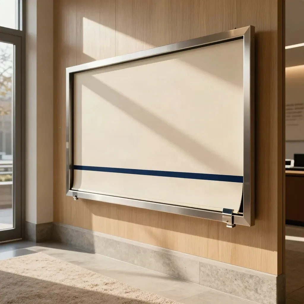 Panneaux d’offres d’emploi fraîchement montés dans un hall lumineux, vus depuis l’entrée.