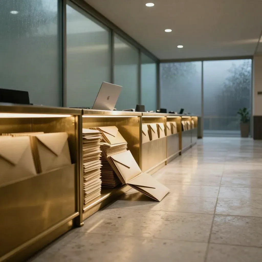 Lobby de recrutement Beau Poste, dossiers et enveloppes sous une lumière cinématographique bleue.