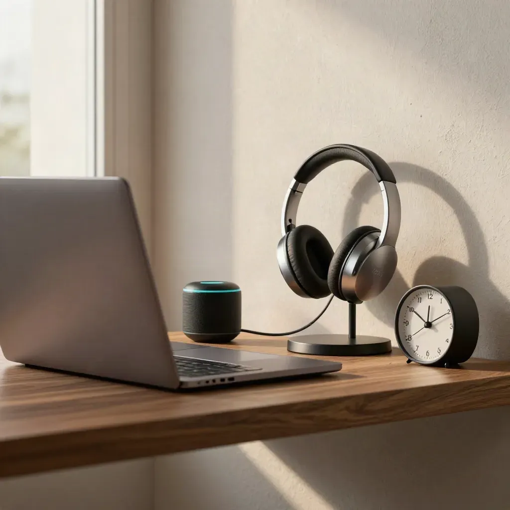 Nook d’entretien en ligne avec laptop fermé, dock casque, haut-parleur et horloge discrète.
