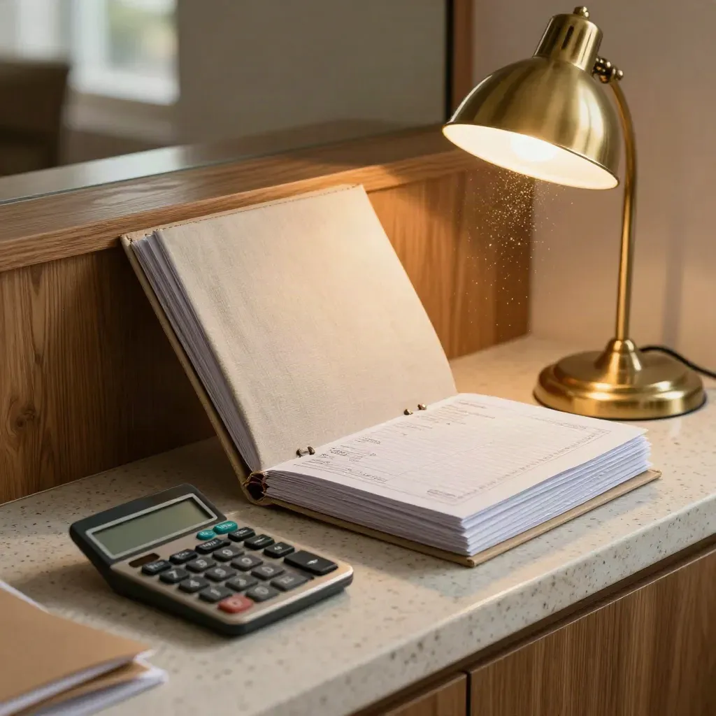 Coin paie avec classeur fermé, calculatrice, envois scellés et lampe en laiton.