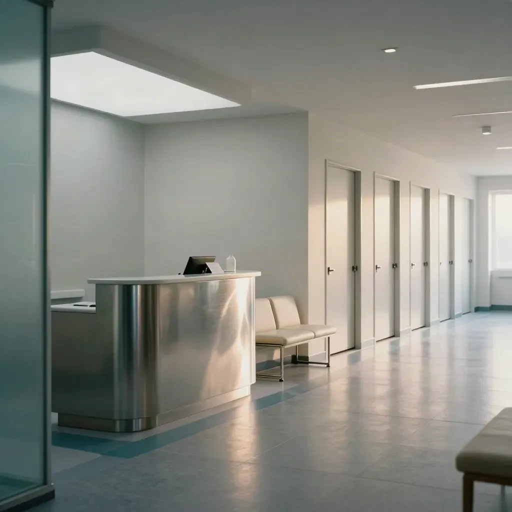 Couloir de clinique vide avec borne d’accueil éclairée, banc impeccable et portes fermées.