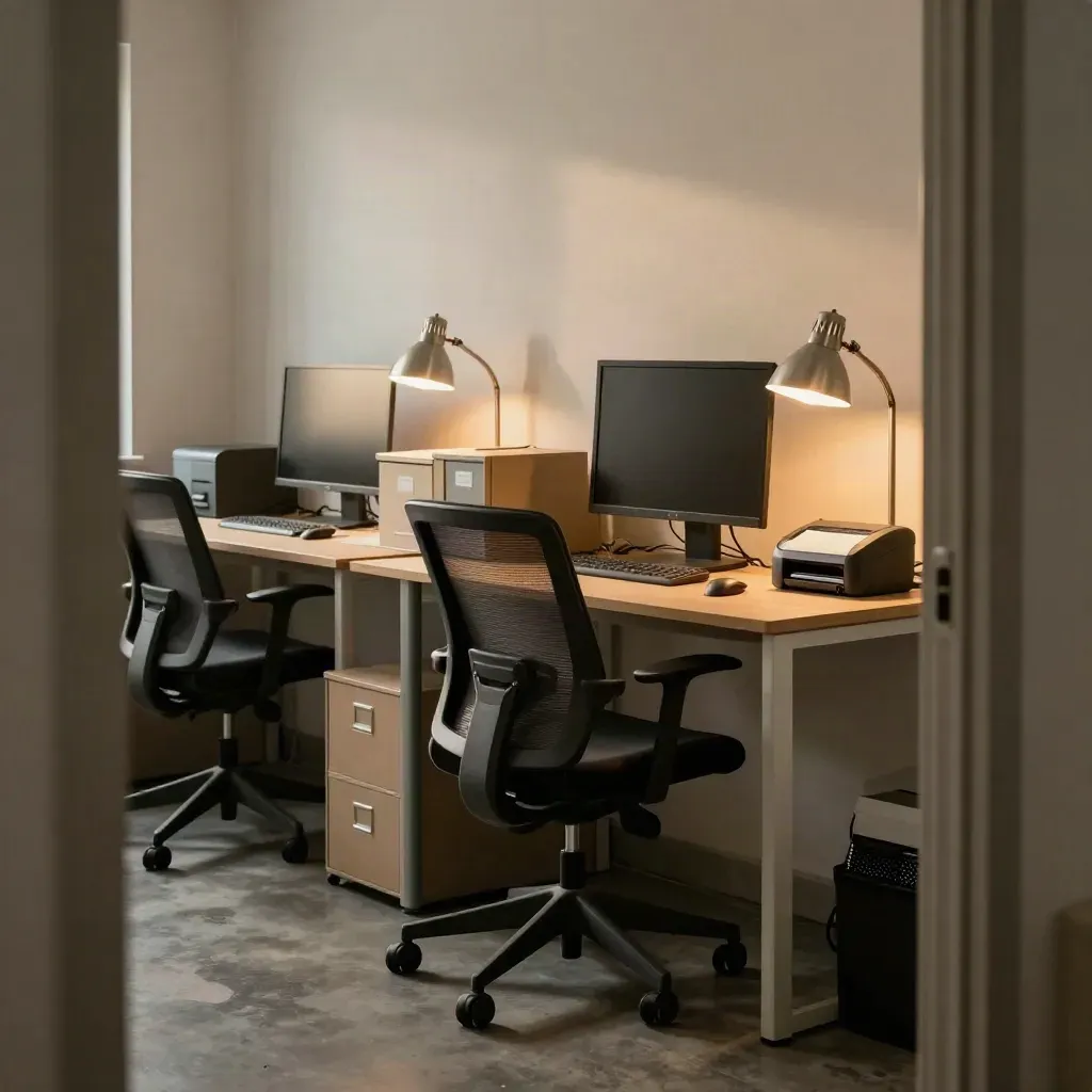 Bureau comptable au petit matin, deux postes allumés, lumière chaude et atmosphère calme.