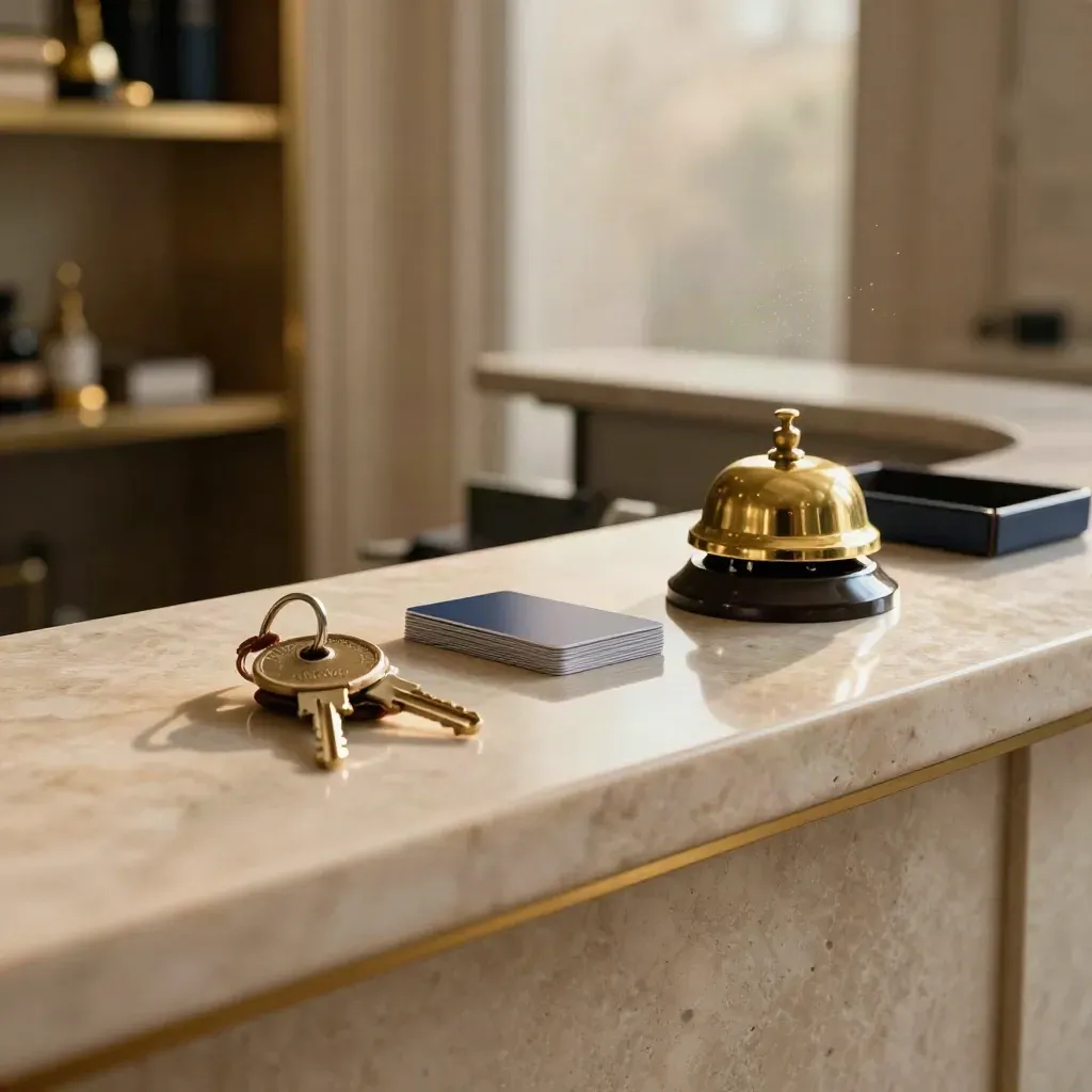 Comptoir d’hôtel avec deux clés, une cloche en laiton et des cartes de chambre face cachée.