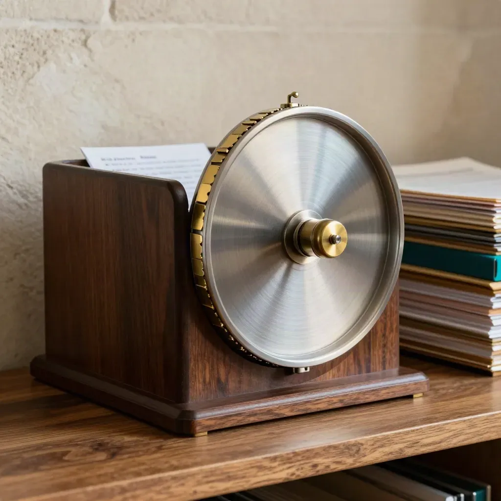 Roue d’index en acier et onglets en laiton dans un classeur en chêne, lumière dramatique.