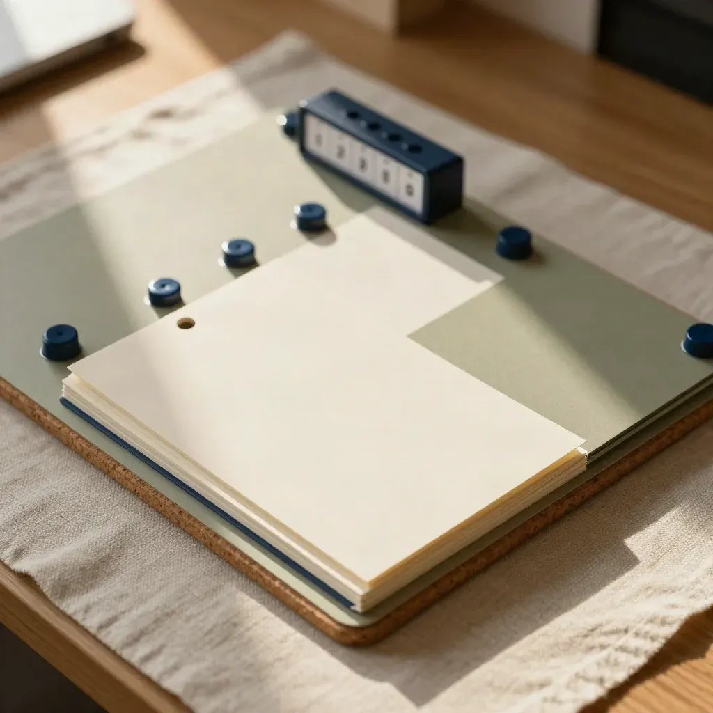 Cartes crème modulaires et cube d’horaire sur lin, avec accents bleu nuit.