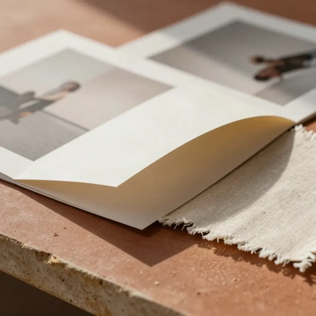 Échantillons papier, épreuve de brochure et bande de lin sur une surface terracotta.