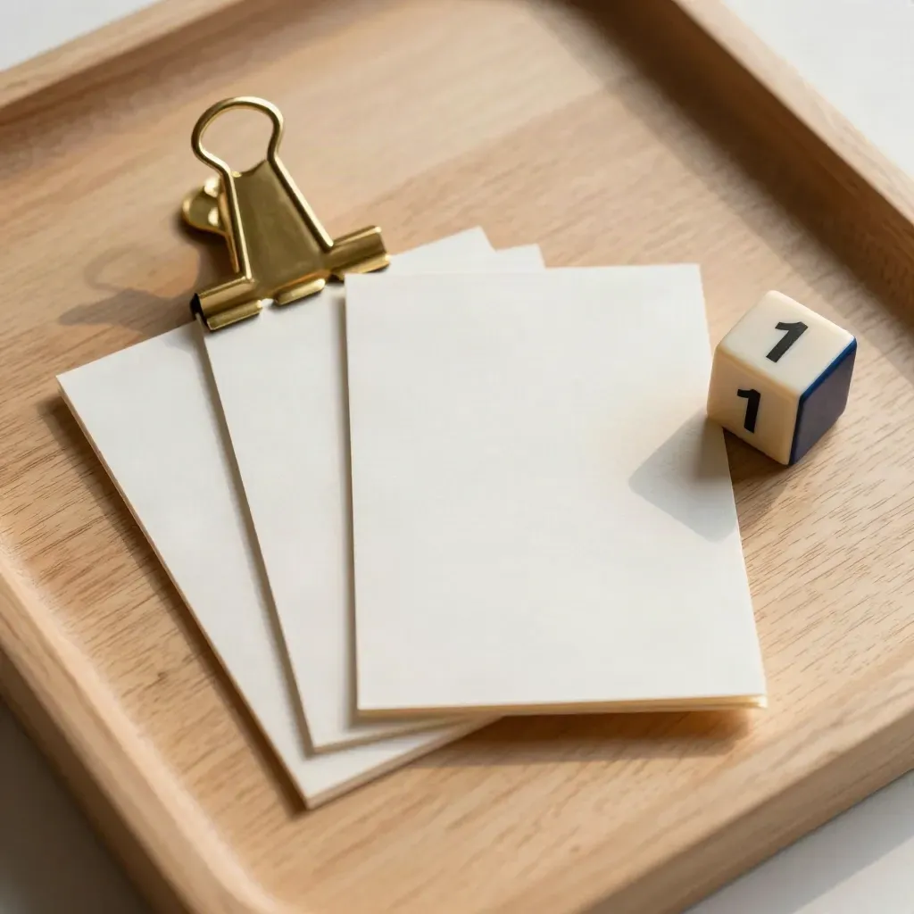 Trois cartes de tâche, une pince en laiton et un cube d’échéance sur un plateau en bois clair.