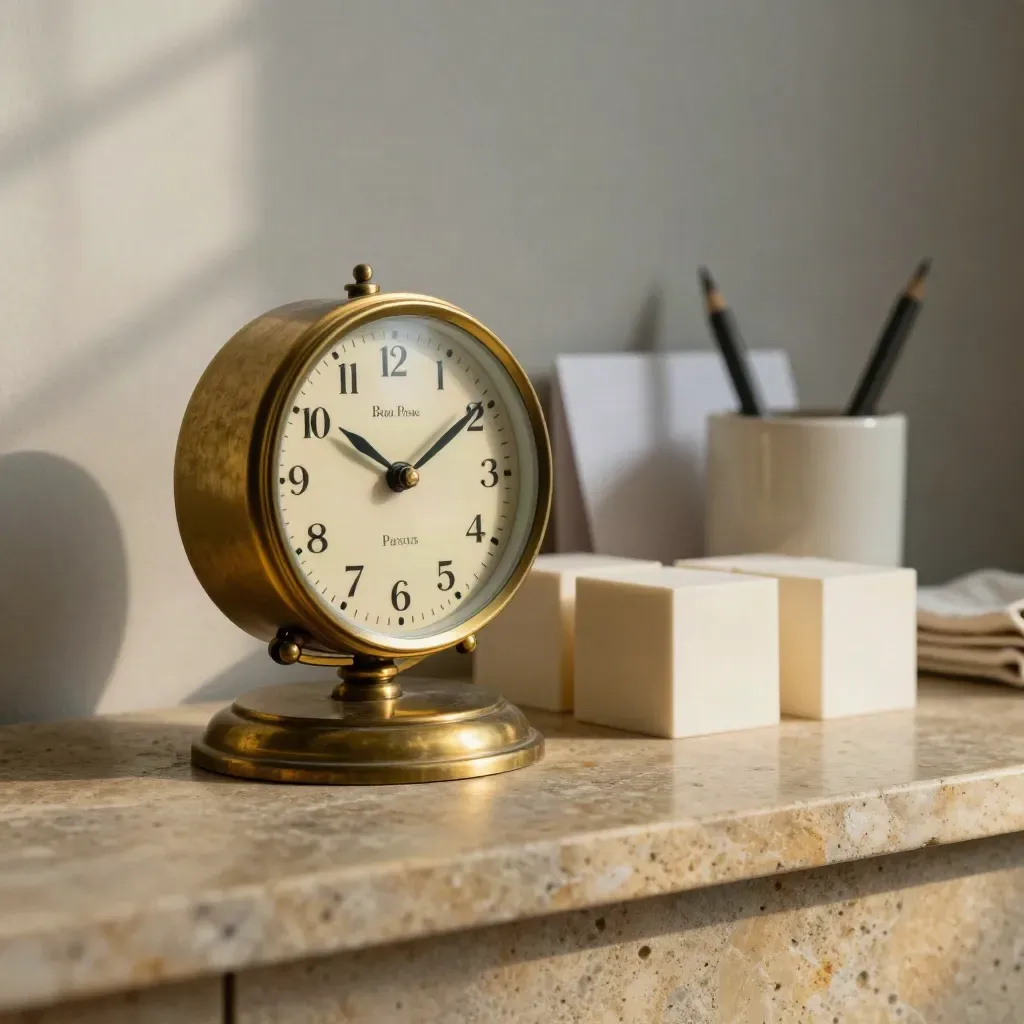 Horloge en laiton, blocs de rendez-vous et pot en céramique sur pierre claire.