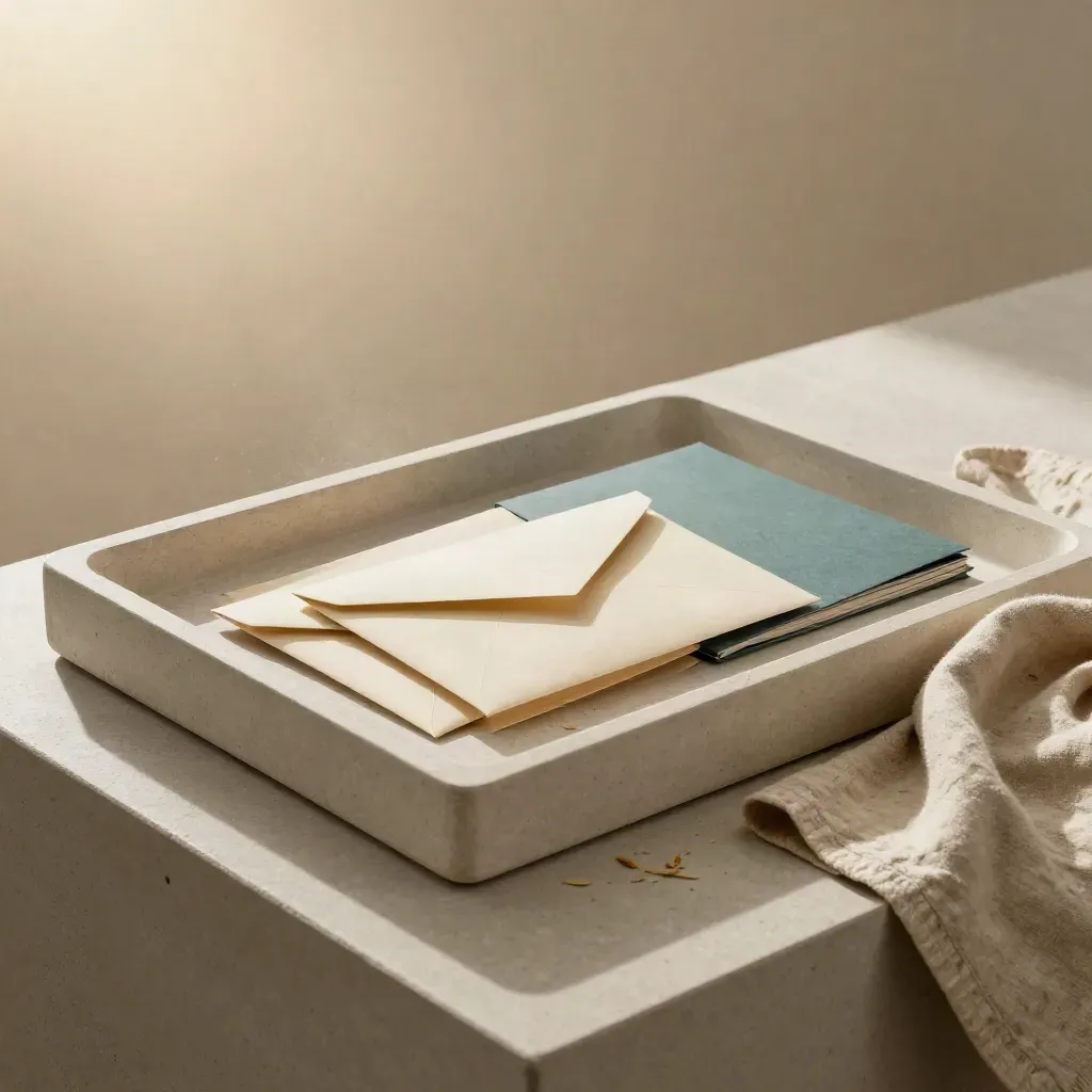 Plateau en pierre avec enveloppes scellées, dossier ouvert et lumière douce.
