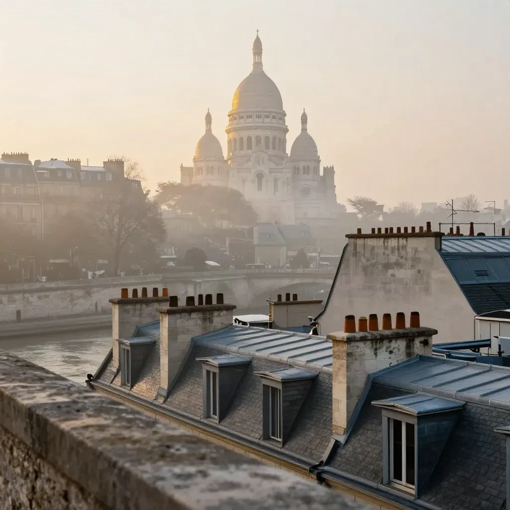 Toits de Paris, Seine brumeuse et silhouette du Sacré-Cœur à l’aube.