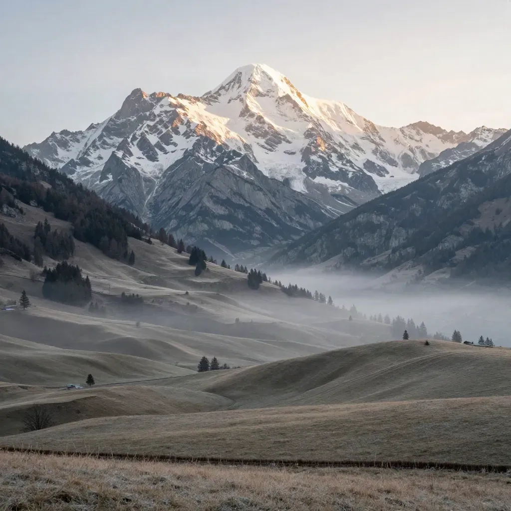 Mont Blanc baigné de première lumière au-dessus d’une vallée alpine brumeuse, espace calme pour le texte.