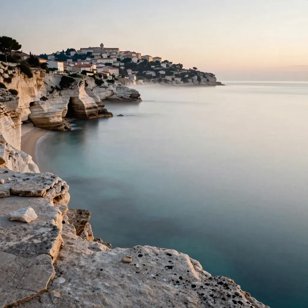 Vue aérienne de la Côte d’Azur au crépuscule, falaises calcaires, crique calme et village perché dans la brume