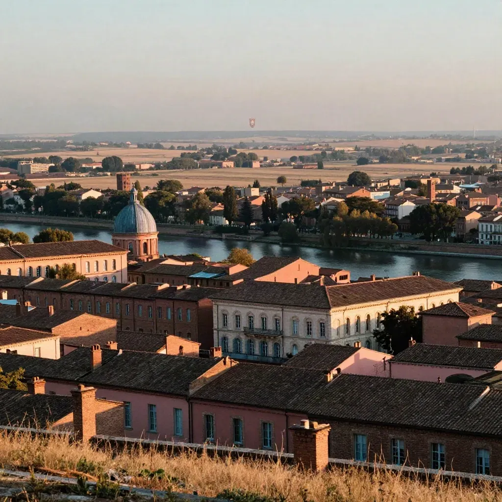 Vue dorée de Toulouse, toits roses et plaine de la Garonne sous une chaude lumière du soir.